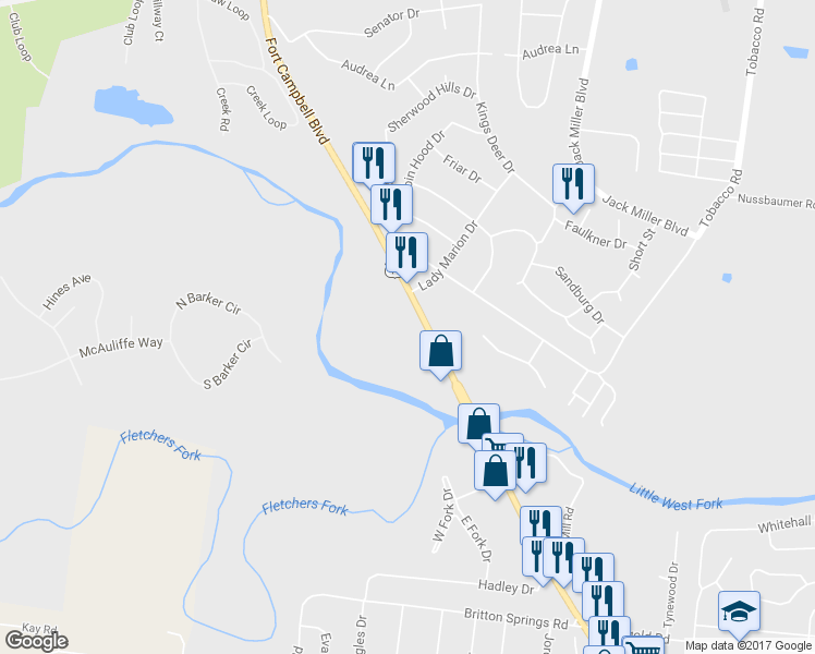 map of restaurants, bars, coffee shops, grocery stores, and more near 2164 Fort Campbell Boulevard in Clarksville