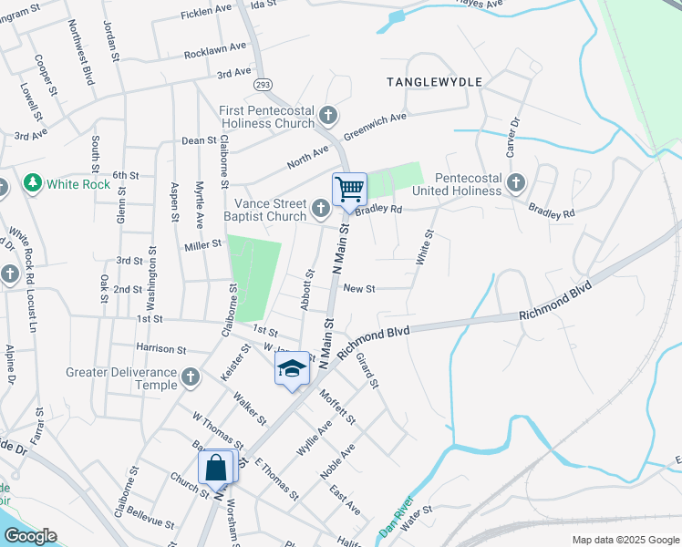 map of restaurants, bars, coffee shops, grocery stores, and more near 1356 North Main Street in Danville