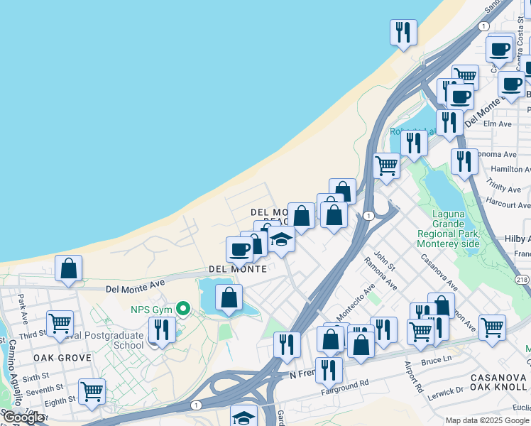 map of restaurants, bars, coffee shops, grocery stores, and more near 138 Spray Avenue in Monterey