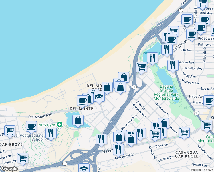 map of restaurants, bars, coffee shops, grocery stores, and more near 2101 Monterey Bay Coastal Trail in Monterey