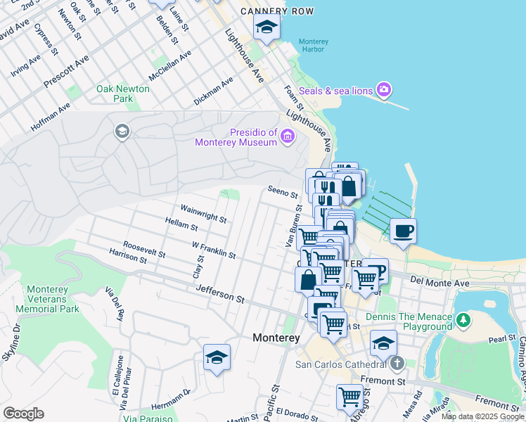 map of restaurants, bars, coffee shops, grocery stores, and more near 263 Watson Street in Monterey