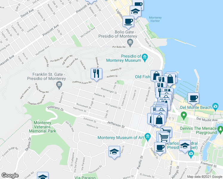 map of restaurants, bars, coffee shops, grocery stores, and more near 318 Clay Street in Monterey