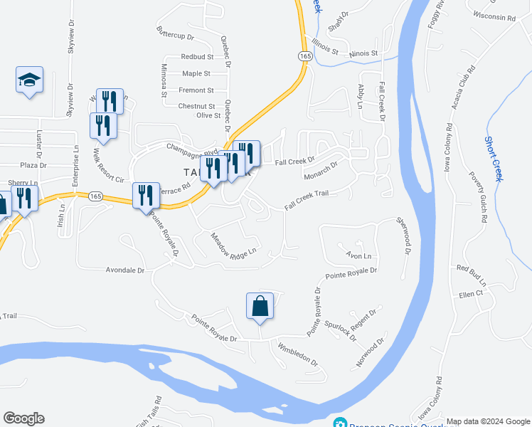 map of restaurants, bars, coffee shops, grocery stores, and more near 8 Hunters Cove in Branson