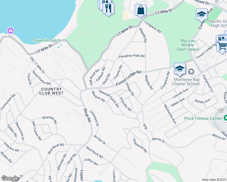 map of restaurants, bars, coffee shops, grocery stores, and more near 2884 Lasauen Road in Del Monte Forest