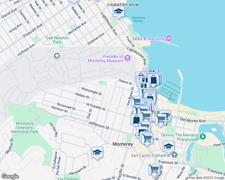 map of restaurants, bars, coffee shops, grocery stores, and more near 244 Watson Street in Monterey