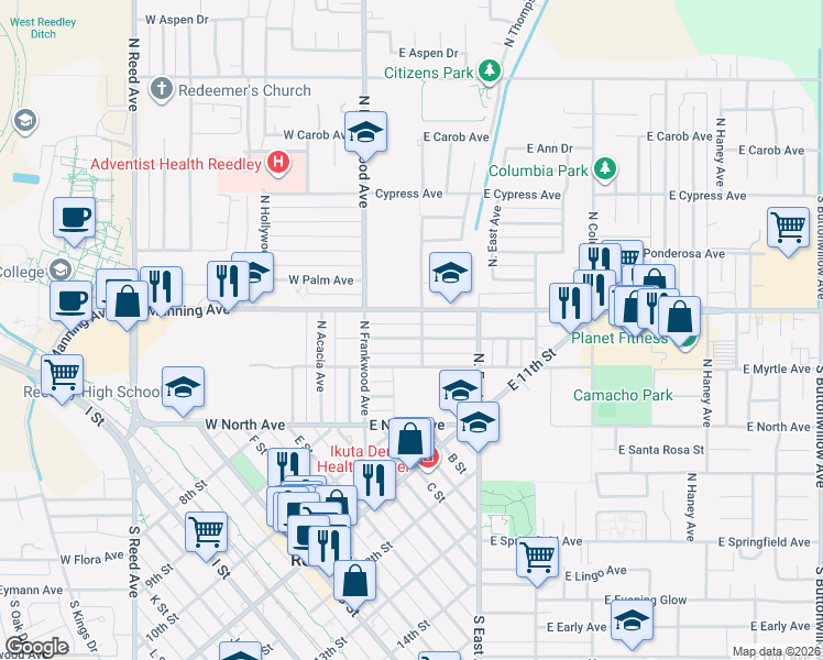 map of restaurants, bars, coffee shops, grocery stores, and more near 281 East Linden Avenue in Reedley