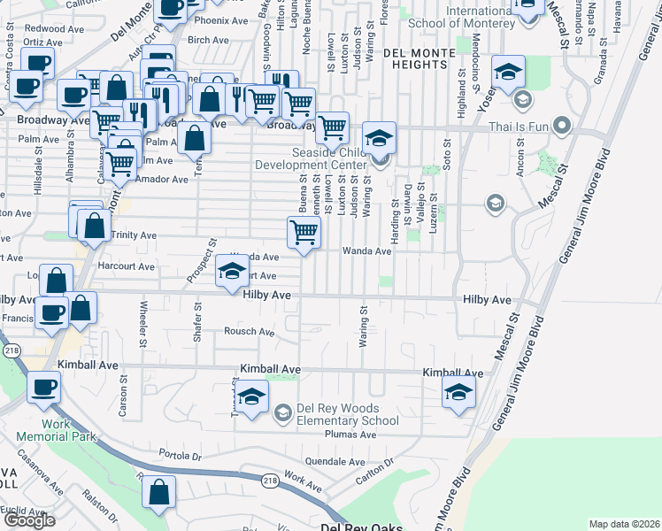 map of restaurants, bars, coffee shops, grocery stores, and more near 1228 Luxton Street in Seaside