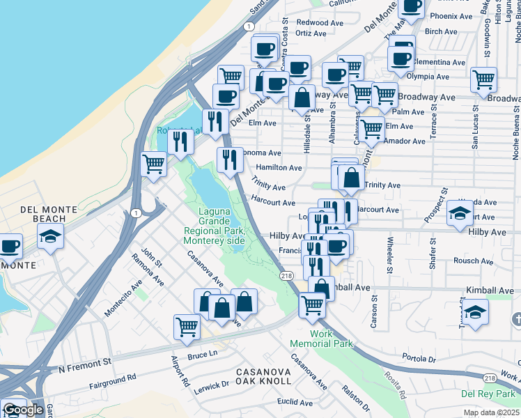 map of restaurants, bars, coffee shops, grocery stores, and more near 440 Harcourt Avenue in Seaside