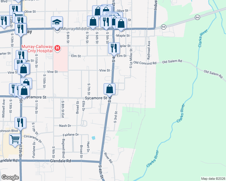 map of restaurants, bars, coffee shops, grocery stores, and more near 303 Back Street in Murray
