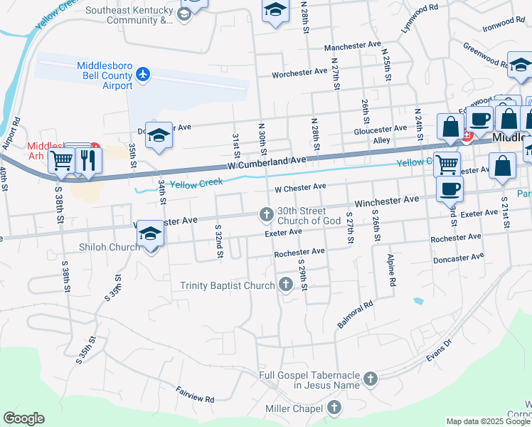 map of restaurants, bars, coffee shops, grocery stores, and more near 300 South Petersborough Avenue in Middlesboro