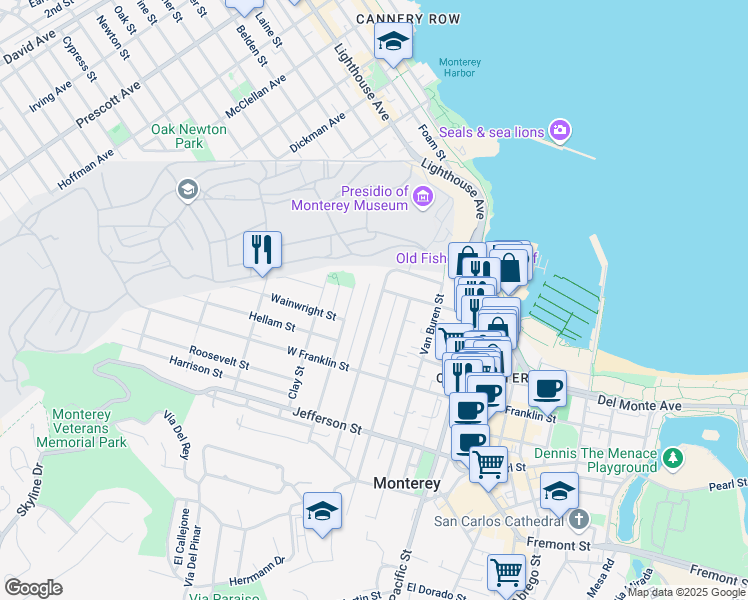 map of restaurants, bars, coffee shops, grocery stores, and more near 224 Watson Street in Monterey