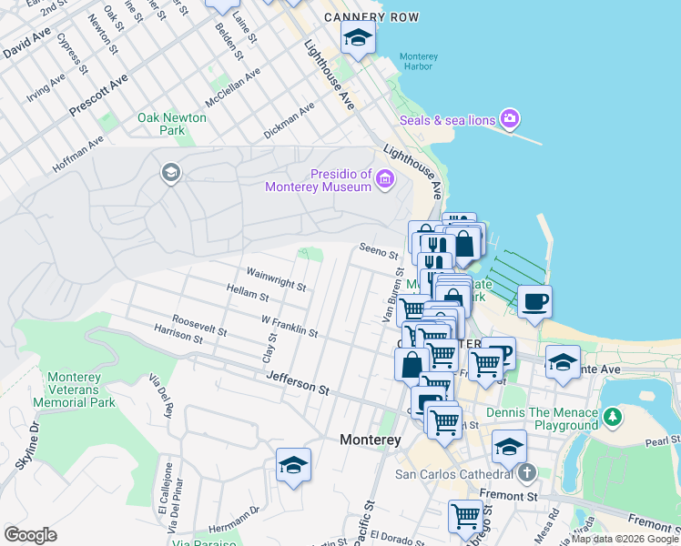 map of restaurants, bars, coffee shops, grocery stores, and more near 224 Watson Street in Monterey