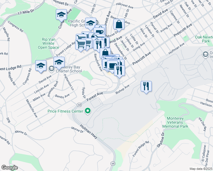 map of restaurants, bars, coffee shops, grocery stores, and more near 2909 Ransford Avenue in Pacific Grove