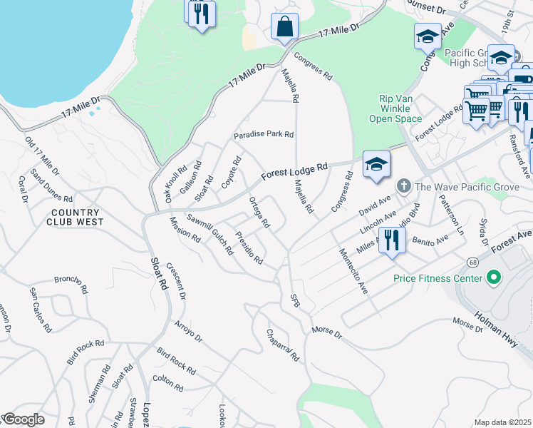 map of restaurants, bars, coffee shops, grocery stores, and more near 1067 Ortega Road in Del Monte Forest