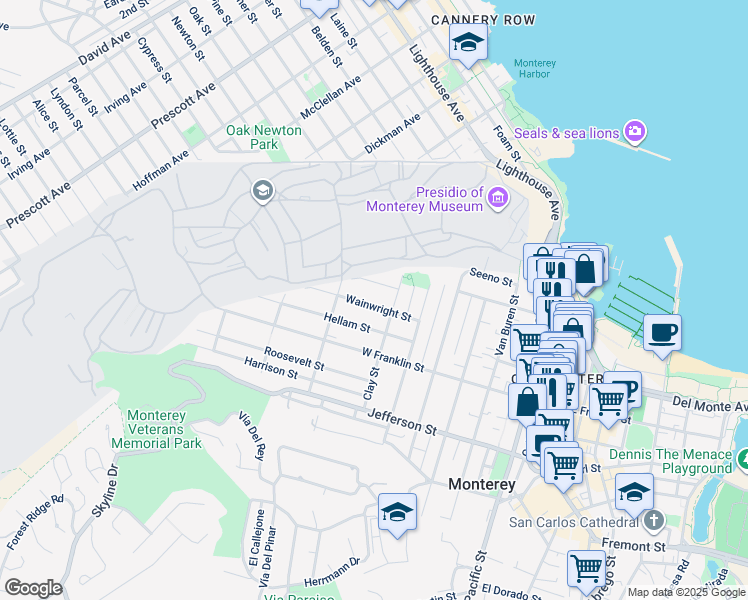 map of restaurants, bars, coffee shops, grocery stores, and more near 936 Wainwright Street in Monterey