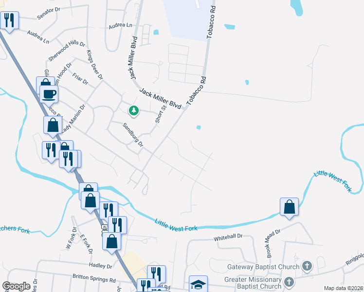 map of restaurants, bars, coffee shops, grocery stores, and more near 401 Tobacco Road in Clarksville