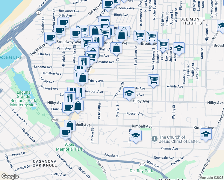 map of restaurants, bars, coffee shops, grocery stores, and more near 1086 Harcourt Avenue in Seaside