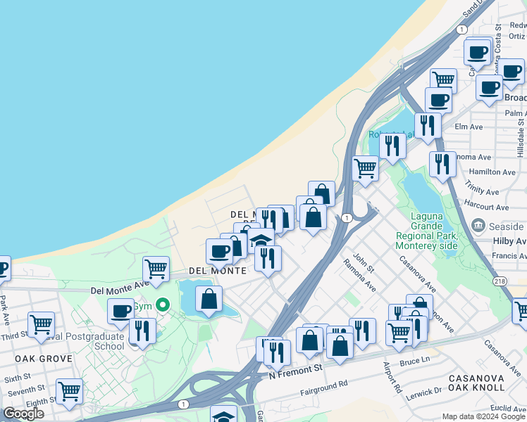 map of restaurants, bars, coffee shops, grocery stores, and more near 2101 Monterey Bay Coastal Trail in Monterey