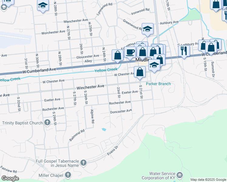 map of restaurants, bars, coffee shops, grocery stores, and more near 415 Exeter Avenue in Middlesboro
