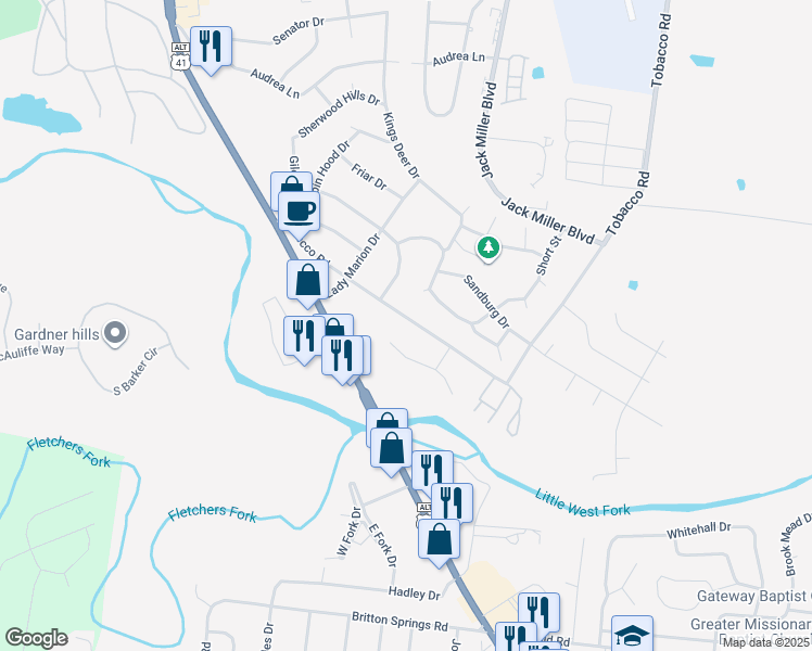map of restaurants, bars, coffee shops, grocery stores, and more near 226 Tobacco Road in Clarksville