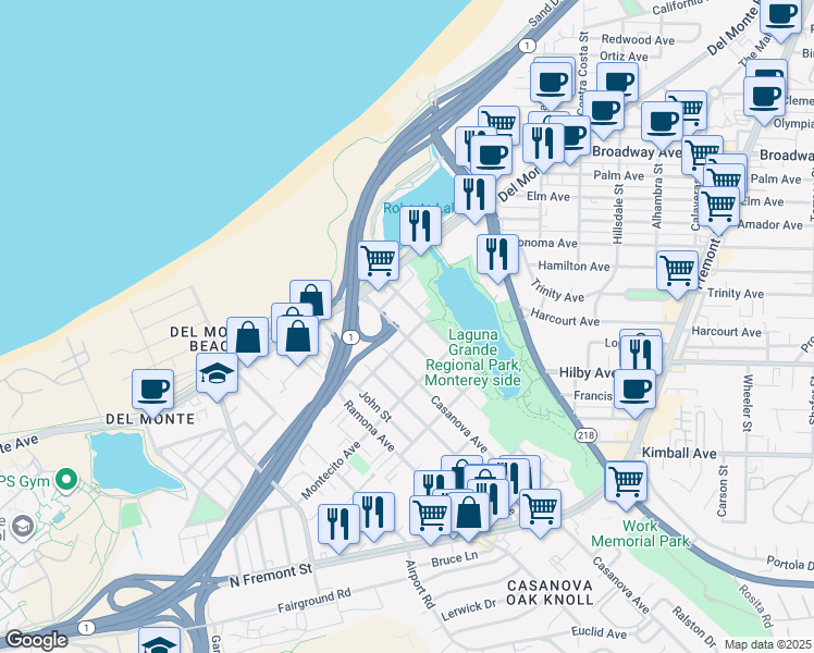 map of restaurants, bars, coffee shops, grocery stores, and more near 325 English Avenue in Monterey