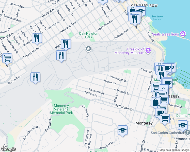 map of restaurants, bars, coffee shops, grocery stores, and more near in Monterey