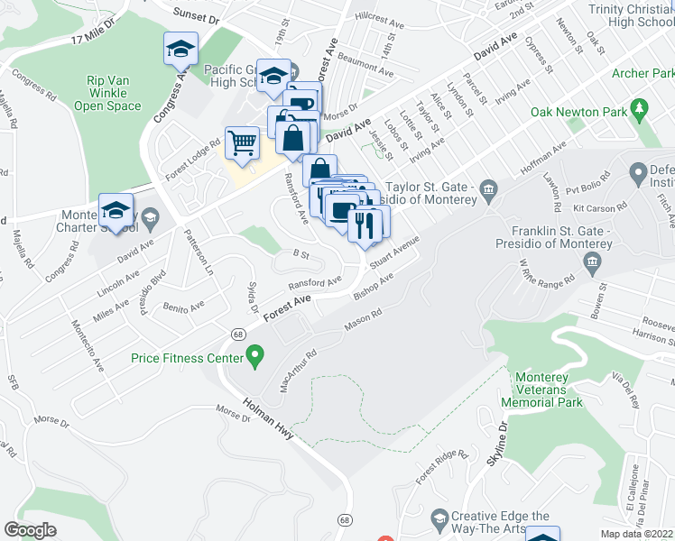 map of restaurants, bars, coffee shops, grocery stores, and more near 2896 Ransford Avenue in Pacific Grove