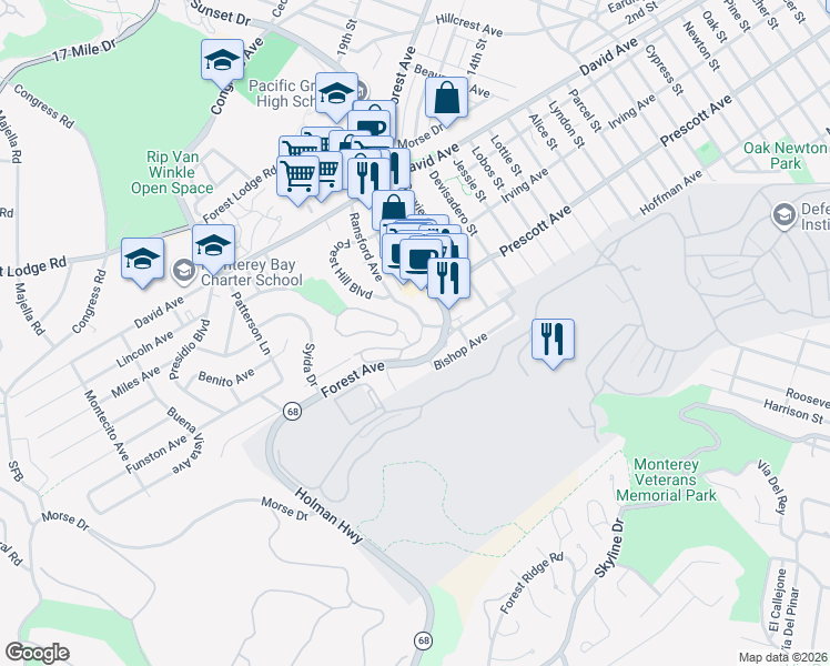 map of restaurants, bars, coffee shops, grocery stores, and more near 2896 Ransford Avenue in Pacific Grove