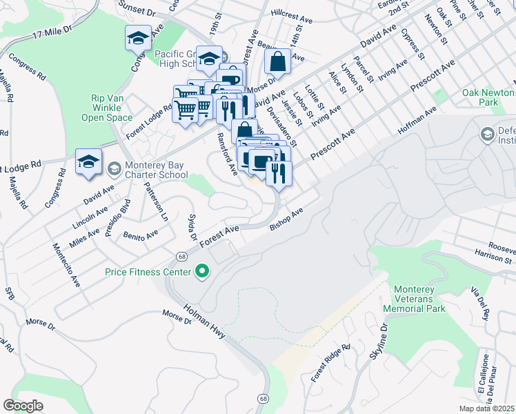 map of restaurants, bars, coffee shops, grocery stores, and more near 2896 Ransford Avenue in Pacific Grove