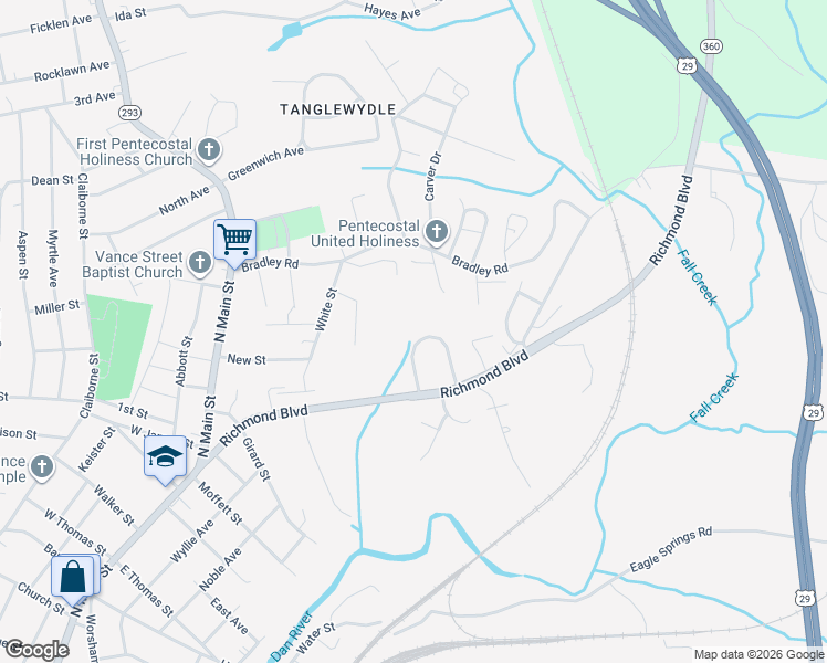 map of restaurants, bars, coffee shops, grocery stores, and more near 1575 Richmond Boulevard in Danville