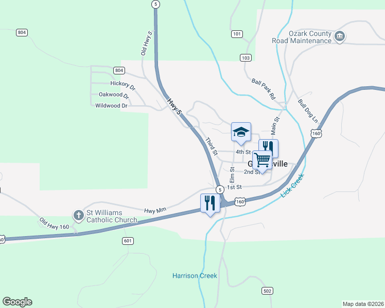 map of restaurants, bars, coffee shops, grocery stores, and more near 111 Missouri 5 in Gainesville