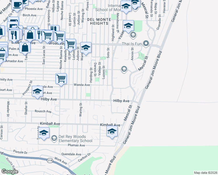map of restaurants, bars, coffee shops, grocery stores, and more near 1311 Yosemite Street in Seaside