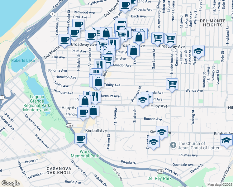 map of restaurants, bars, coffee shops, grocery stores, and more near 1020 Trinity Avenue in Seaside