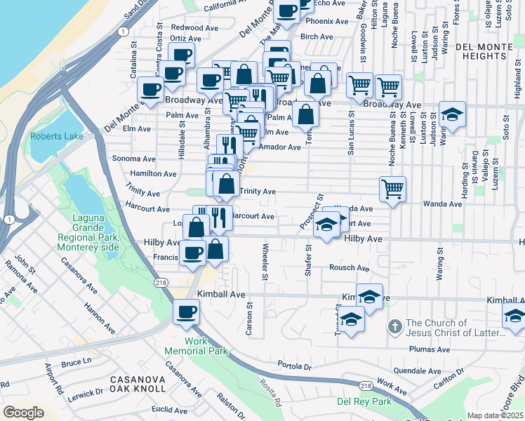 map of restaurants, bars, coffee shops, grocery stores, and more near 1020 Trinity Avenue in Seaside
