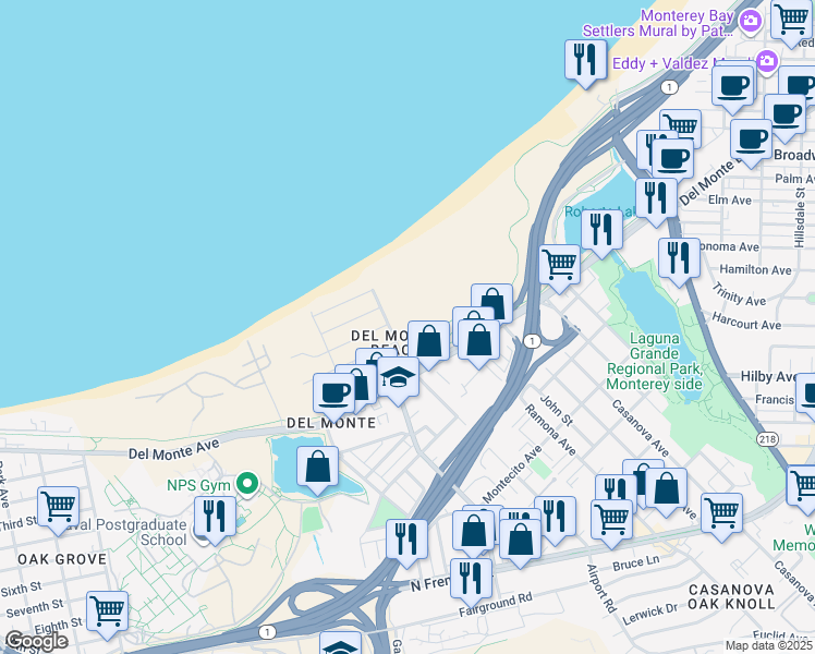 map of restaurants, bars, coffee shops, grocery stores, and more near 151 Surf Way in Monterey