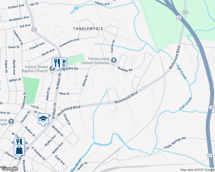 map of restaurants, bars, coffee shops, grocery stores, and more near 1575 Richmond Boulevard in Danville