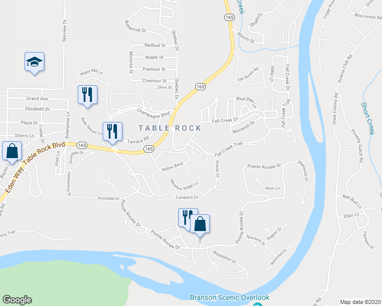 map of restaurants, bars, coffee shops, grocery stores, and more near 100 Fall Creek Drive in Branson