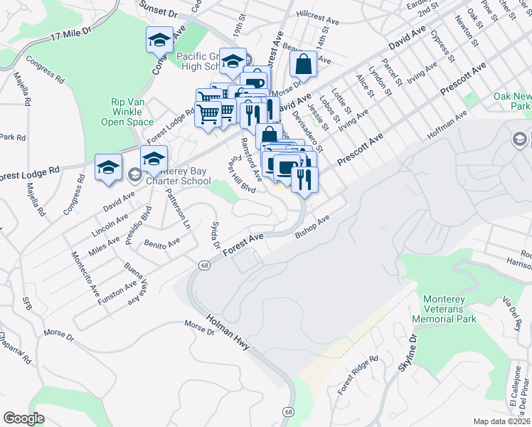 map of restaurants, bars, coffee shops, grocery stores, and more near 56 Glen Lake Drive in Pacific Grove