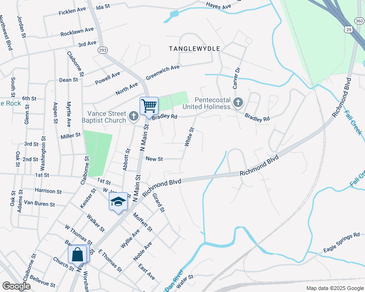 map of restaurants, bars, coffee shops, grocery stores, and more near 168 White Street in Danville