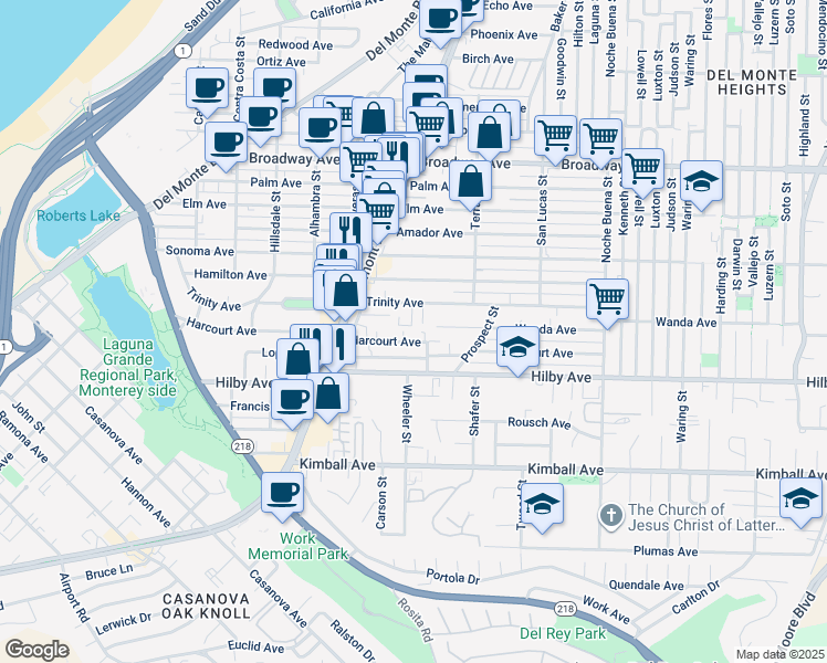 map of restaurants, bars, coffee shops, grocery stores, and more near 987 Harcourt Avenue in Seaside