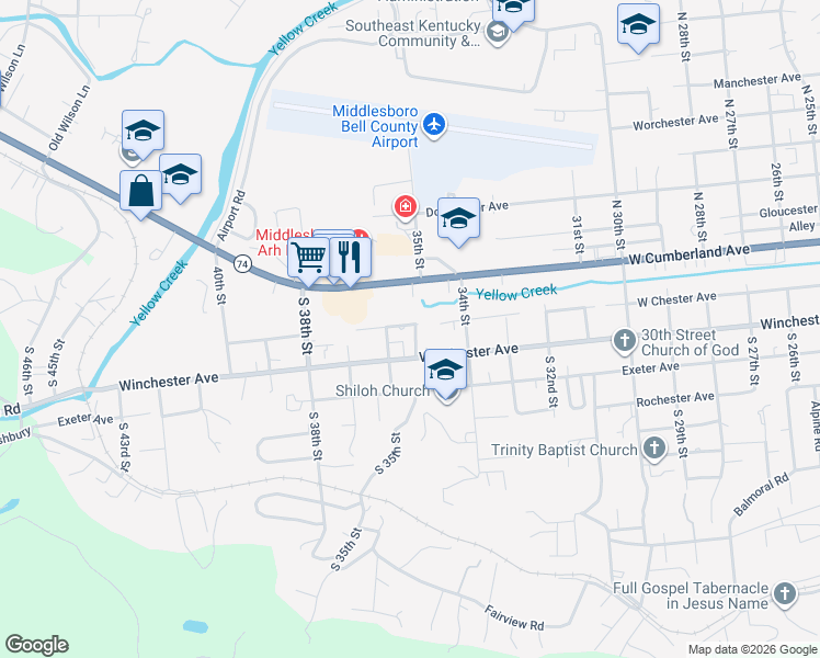 map of restaurants, bars, coffee shops, grocery stores, and more near 3504 West Cumberland Avenue in Middlesboro