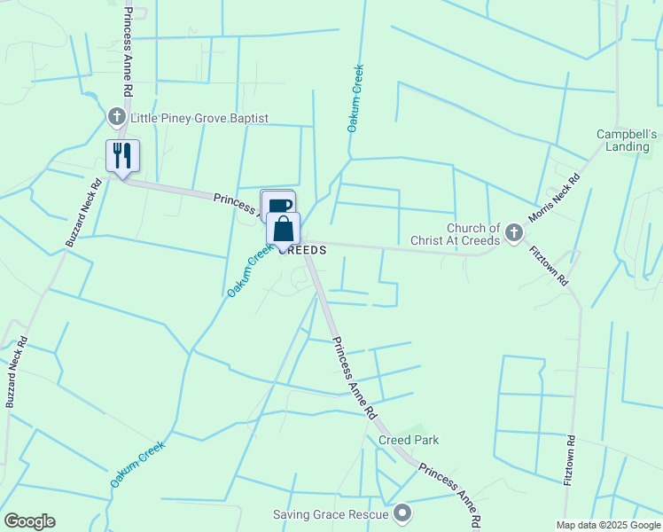 map of restaurants, bars, coffee shops, grocery stores, and more near 5660 Morris Neck Road in Virginia Beach