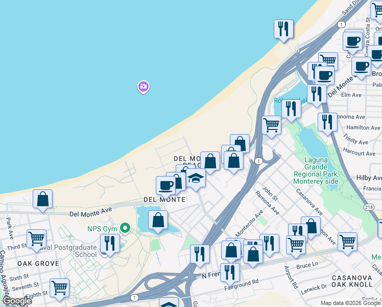 map of restaurants, bars, coffee shops, grocery stores, and more near Surf Way & Spray Ave in Monterey