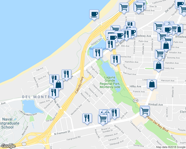 map of restaurants, bars, coffee shops, grocery stores, and more near 215 English Avenue in Monterey
