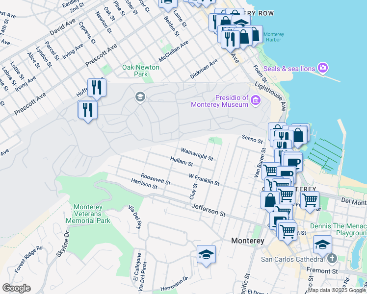 map of restaurants, bars, coffee shops, grocery stores, and more near 283 High Street in Monterey