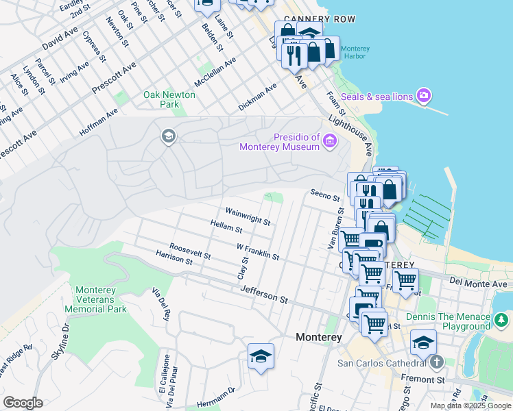 map of restaurants, bars, coffee shops, grocery stores, and more near 254 Clay Street in Monterey