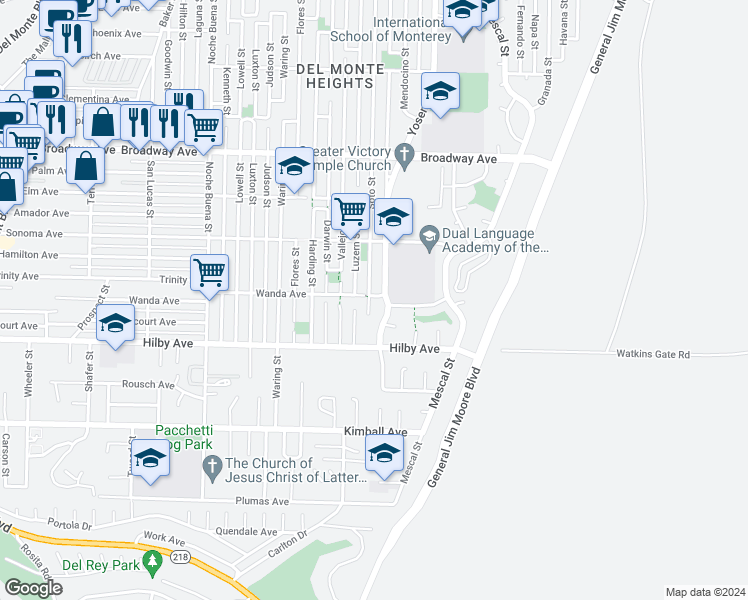 map of restaurants, bars, coffee shops, grocery stores, and more near 1580 Wanda Avenue in Seaside