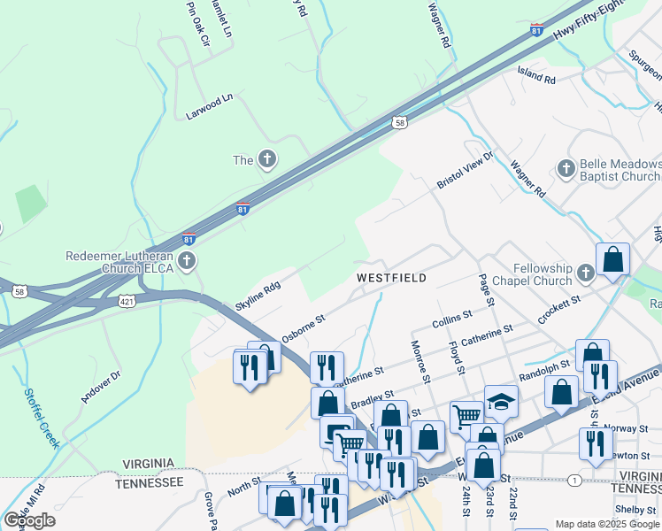 map of restaurants, bars, coffee shops, grocery stores, and more near 375 Liberty Place in Bristol