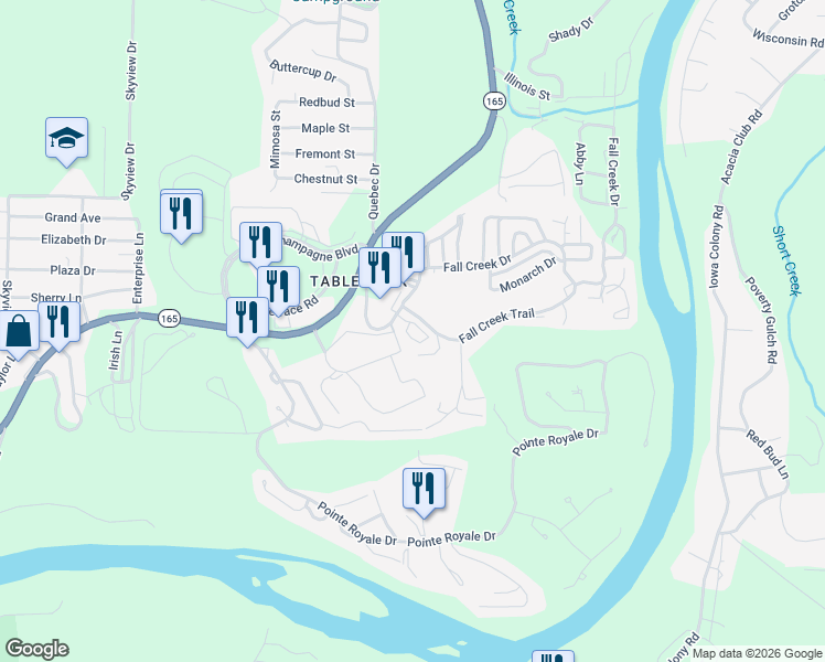 map of restaurants, bars, coffee shops, grocery stores, and more near 1 Fall Creek Drive in Branson