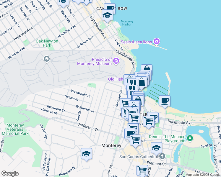 map of restaurants, bars, coffee shops, grocery stores, and more near 620 Scott Street in Monterey